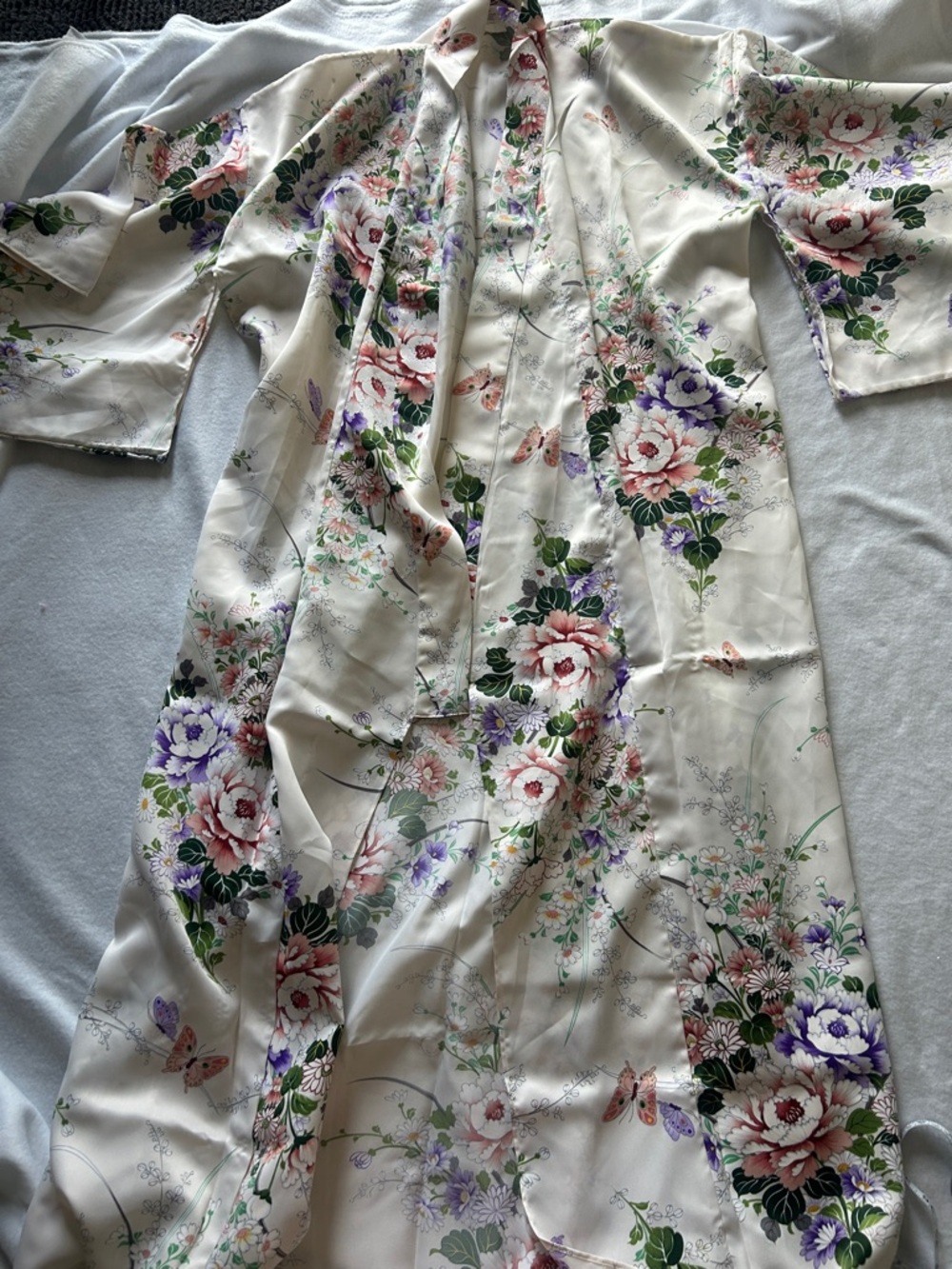 Floral Satin Robe in Ivory with Pink & Purple Blooms